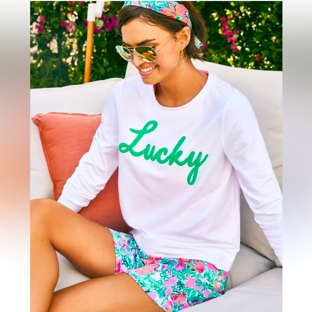 Lilly Pulitzer Rami Sweatshirt “Lucky” Graphic White Green Cotton Top Size S